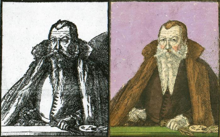 Das gleiche Bild für Vater und Sohn: Der Holzschnitt links (1543) zeigt Lucas Cranach d.Ä. als Bürgermeister mit pelzgefütterter Schaube und Malerpalette. Gut 40 Jahre später wurde das Bild zu Ehren des 70. Geburtstags des jüngeren Lucas Cranach wiederverwendet.