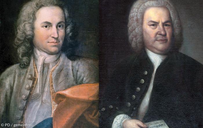 Johann Sebastian Bach (1685-1750) auf Porträts von 1715 und 1746.