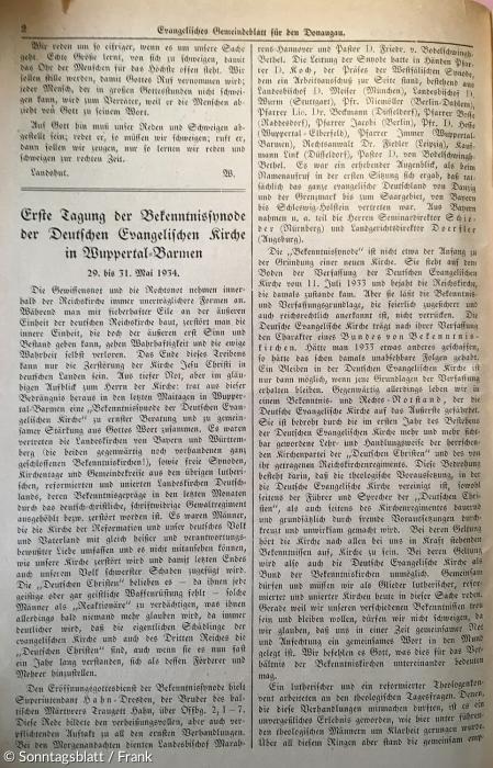 Der »Barmen«-Text von Pfarrer Wilhelm Bogner im Gemeindeblatt für den Donaugau (Regensburg/Ostbayern), Nr. 6 vom Juni 1934 (Teil 1).