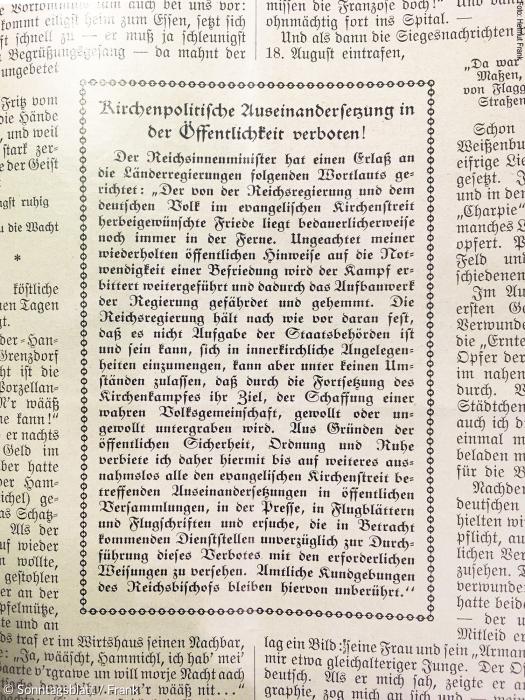 Kirchenkampf-Publikationsverbot: Evangelisches Gemeindeblatt für die Dekanate München II und Rosenheim sowie für Neuburg a.d. Donau, Nr. 8 / August 1934