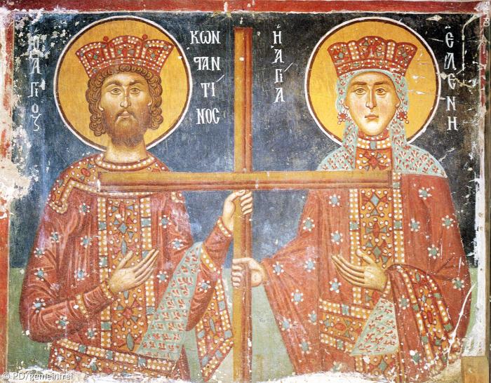 Kaiser Konstantin und seine Mutter Helena auf einer Wandmalerei in Troodos-Kirche Erzengel Michael in Pedoulas, Zypern (1474).
