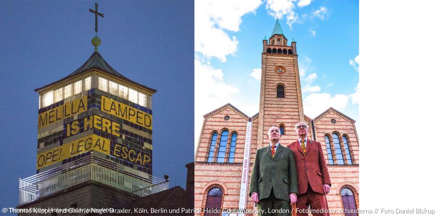 Die Kasseler Karlskirche (links) und die Berliner St.-Matthäus-Kirche (rechts, mit dem Künstlerpaar Gilbert & George) sind die beiden weiteren Ausstellungsorte von »Luther und die Avantgarde«. Kassel: Thomas Kilpper, Ein Leuchtturm für Lampedusa!, 2008–2017.