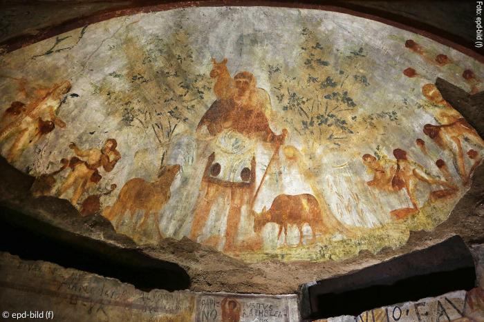 Schätze frühchristlicher Grabkultur erstrahlen nach 25 Jahren Restaurierung in neuem alten Glanz: ein »guter Hirte« in den Domitilla-Katakomben in Rom.