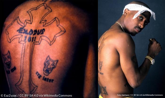 Exodus und Rebellion: Kreuz-Tattoo auf dem Rücken von Tupac Shakur mit der Inschrift »Exodus 1831«.