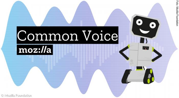 Mit einem Roboter, der wohl nicht zufällig an »WALL·E« aus dem Disney-Pixar-Kinofilm erinnert, wirbt Mozilla für »Common Voice«.