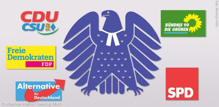 Bundesadler mit Beffchen und Logos der Parteien CDU/CSU,FDP, AFD, GRÜNE und SPD.