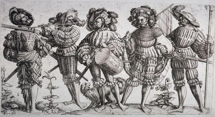 »Die fünf Landsknechte«, Eisenradierung von Daniel Hopfer aus dem frühen 16. Jahrhundert.