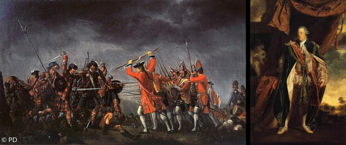 Die Schlacht von Culloden, Gemälde von David Morier, 1746. Rechts Wilhelm August, Herzog von Cumberland (Gemälde von Joshua Reynolds, 1758).