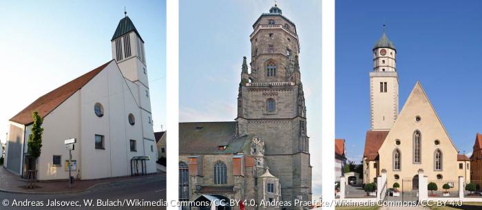 Die Christuskirche in Donauwörth (li.), St. Georg in Nördlingen (Mitte) und St. Jakob in Oettingen (re.).