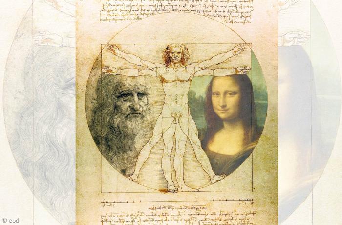 Leonardo da Vincis Zeichnung "Vitruvianischer Mensch" mit Mona Lisa und Porträt