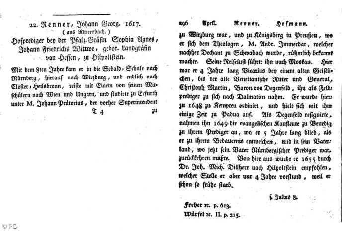 Johann Georg Renner aus Rittersbach: Eintrag im »Geburts- und Todten-Almanach Ansbachischer Gelehrten, Schriftsteller und Künstler aus dem Jahr 1796.