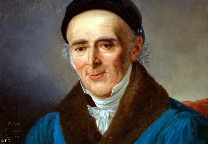 Samuel Hahnemann (1755-1843) auf einem Porträt seiner zweiten Frau Marie Mélanie d’Hervilly Gohier Hahnemann (1800-1878) aus dem Jahr 1838.