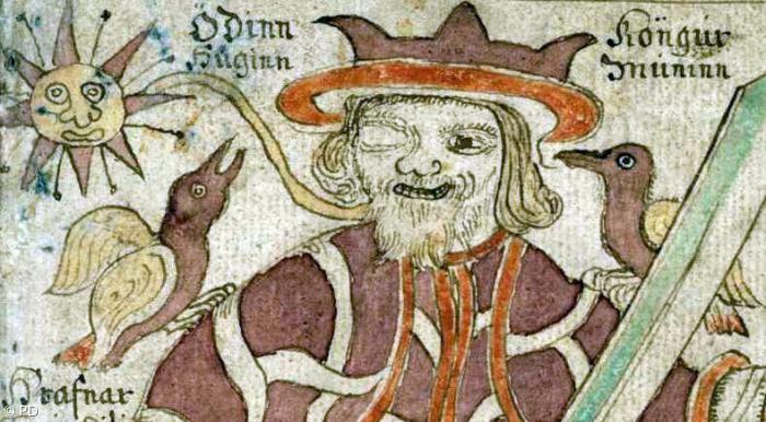 Der einäuigige Odin mit den Raben Hugin und Munin - Nordische Illustration aus dem 18. Jahrhundert.