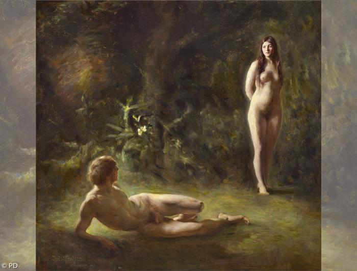 "Adam erkannte seine Frau Eva", Gemälde von Julius Paulsen, 1893, Kopenhagen.