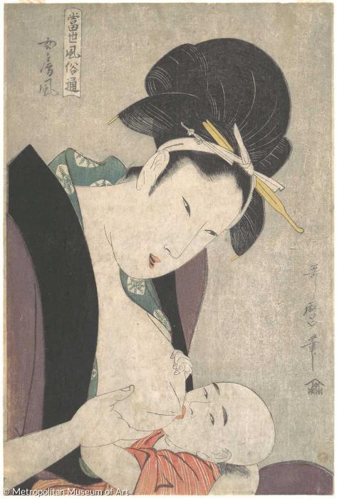 Mutter und Kind, ca. 1790, Japan, Holzschnitt.