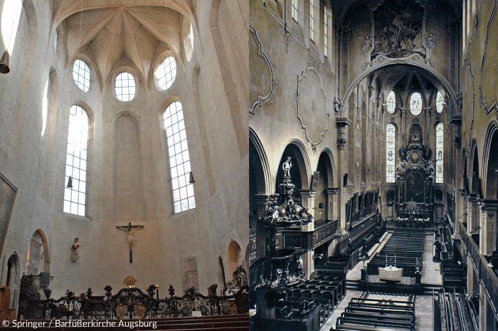 Barfüßerkirche Augsburg: der Chor heute und in seiner Vorkriegsgestalt