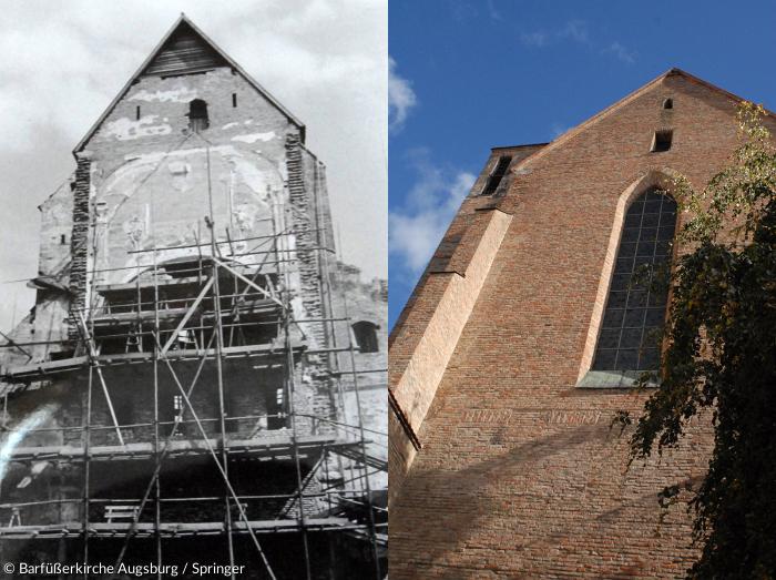 Barfüßerkirche Augsburg: Die Rückwand des Ostchors - Wiederaufbau 1948/49 und heute