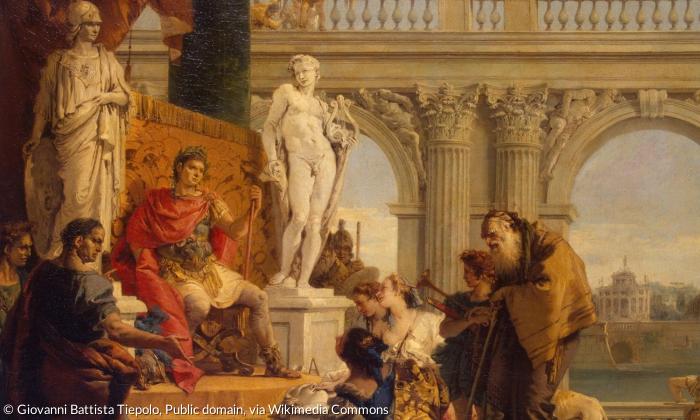 Gemälde, das Kaiser Augustus auf einem Thron zeigt.
