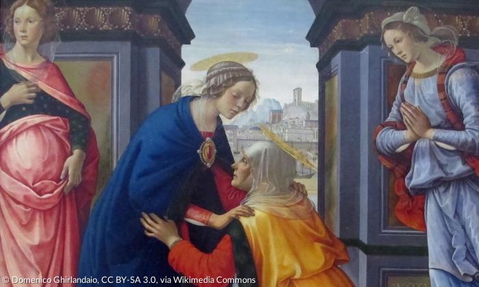 Ein Gemälde, das Maria bei einem Besuch ihrer schwangeren Verwandten Elisabeth darstellt.