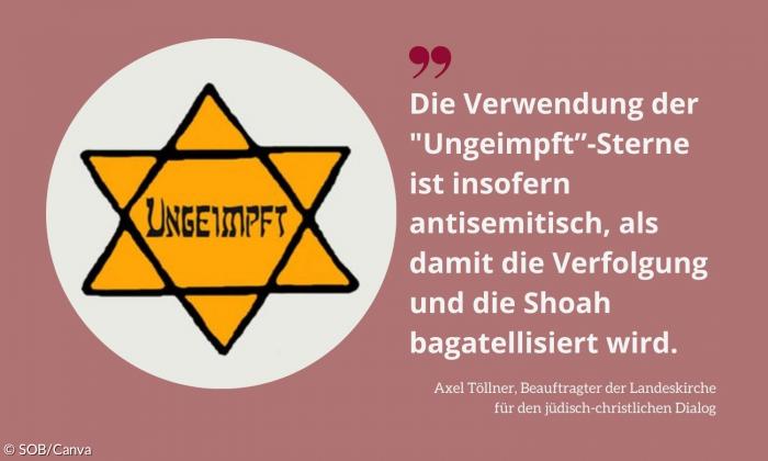 Text: Die Verwendung der "Ungeimpft”-Sterne ist insofern antisemitisch, als damit die Verfolgung und die Shoah bagatellisiert wird