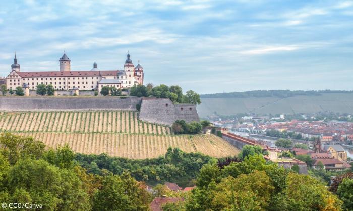 Ein Schloss auf einem Weinberg: Am Fuß des Berges sind Häuser der Stadt Würzburg zu sehen.