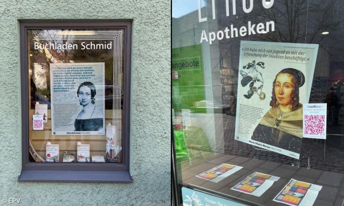 Rebellinnen Ausstellungstafeln in Schaufenstern in Memmingen