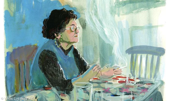 Zeichnung einer älteren Frau am Tisch, sie raucht