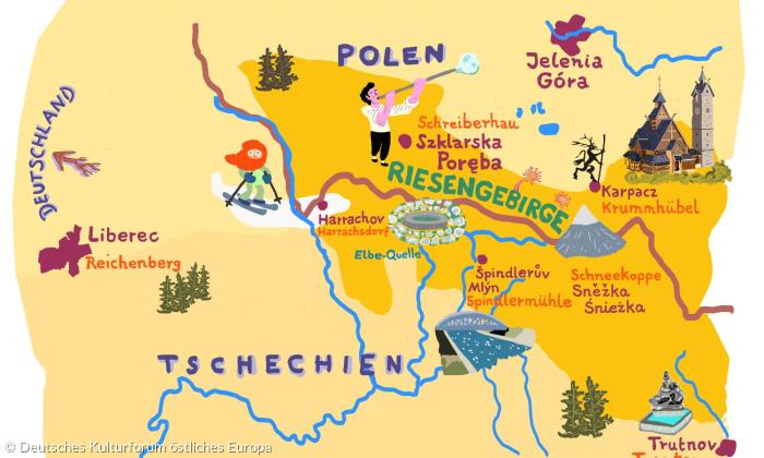 Gelb hinterlegte Karte des Riesengebirges. Auf kleinen Bildchen sind ein Skifahrer, eine Kirche, Berge eingezeichnet. In blau sind die Ländergrenzen Polens, Deutschlands und Tschechiens markiert