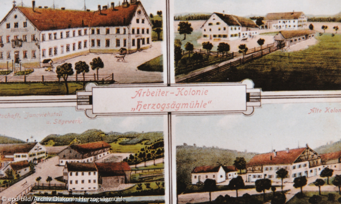 Postkarte „Arbeiter-Kolonie Herzogsägmühle“ von 1920