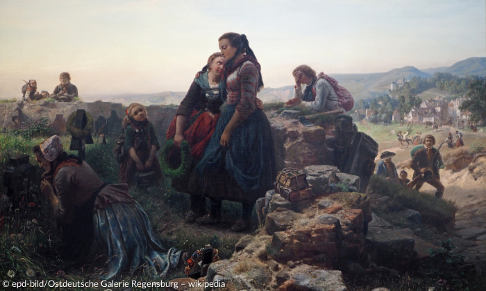 Abschied der Auswanderer. Gemälde von Carl Wilhelm Hübner (1814–1879)