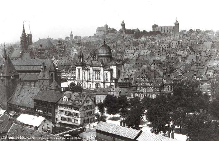 Sebalder Altstadt um 1890 mit der Nürnberger Hauptsynagoge von 1874.