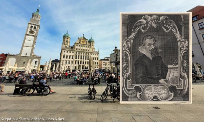 Porträtstich von Elias Holl, vom Augsburger Zeichner und Kupferstecher Lucas Kilian, 1619, vor Augsburger Rathaus und den Perlachturm