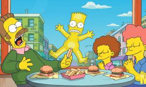 »Hey diddly ho, neighborino!«: Ihrem frömmelnden evangelikalen Nachbarn Ned Flanders – hier beim gestörten Tischgebet im Burgerrestaurant mit seinen Söhnen Rod und Todd – sind die Simpsons (verunfallt an der Fensterscheibe: Bart) in herzlicher Hassliebe verbunden.