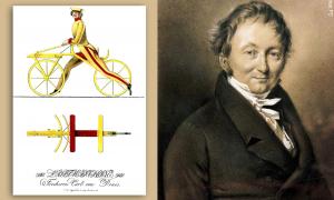 Der »Schnell- und Scharfdenker« Karl von Drais um 1820 und sein Entwurf eines Laufrads, das er 1817 zum Patent anmeldete.