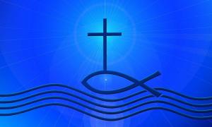 christliche Taufsymbole - Fisch, Wasser, Kreuz
