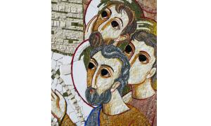 Mosaikdarstellung von drei heiligen Männern