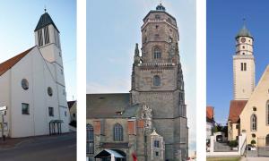 Die Christuskirche in Donauwörth (li.), St. Georg in Nördlingen (Mitte) und St. Jakob in Oettingen (re.).