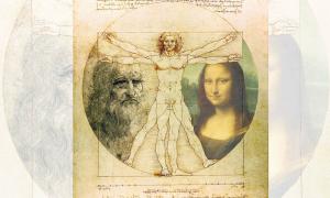 Leonardo da Vincis Zeichnung "Vitruvianischer Mensch" mit Mona Lisa und Porträt