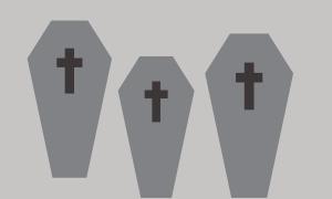 Drei graue Särge mit jeweils einem schwarzen Kreuz oben drauf