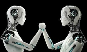 Zwei Roboter geben sich die Hand
