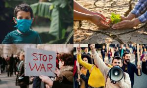 Ein Junge mit Maske. Hände, die eine Pflanze pflanzen. Eine Demo mit dem Schild "Stop War. Eine Demo mit Menschen mit Lautsprecher.