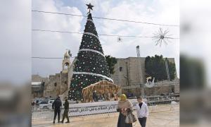 Ein Weihnachtsbaum in Bethlehem, davor Passanten