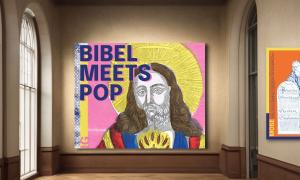 Ein Plakat zeigt den Schriftzug "Bibel meets Pop", auf einer an Pop-Art angelehnten Grafik