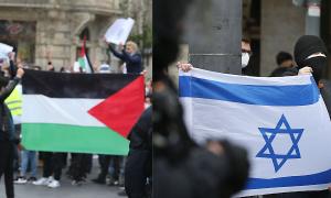 Demonstrationen, links mit der palästinensischen Fahne, rechts mit der israelischen