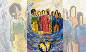 Gemälde mehrerer Frauen vor einem Globus mit Kreuz